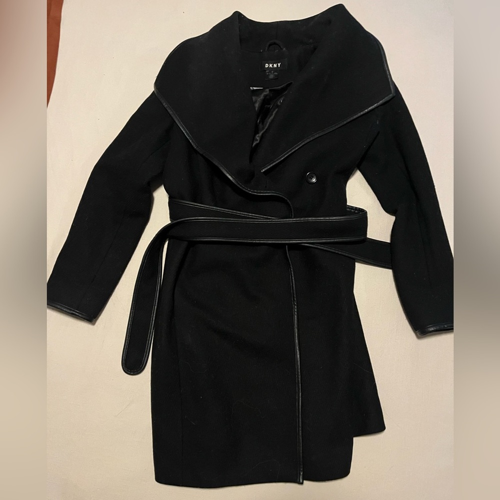 Black wool DKNY wrap coat. Size Medium.